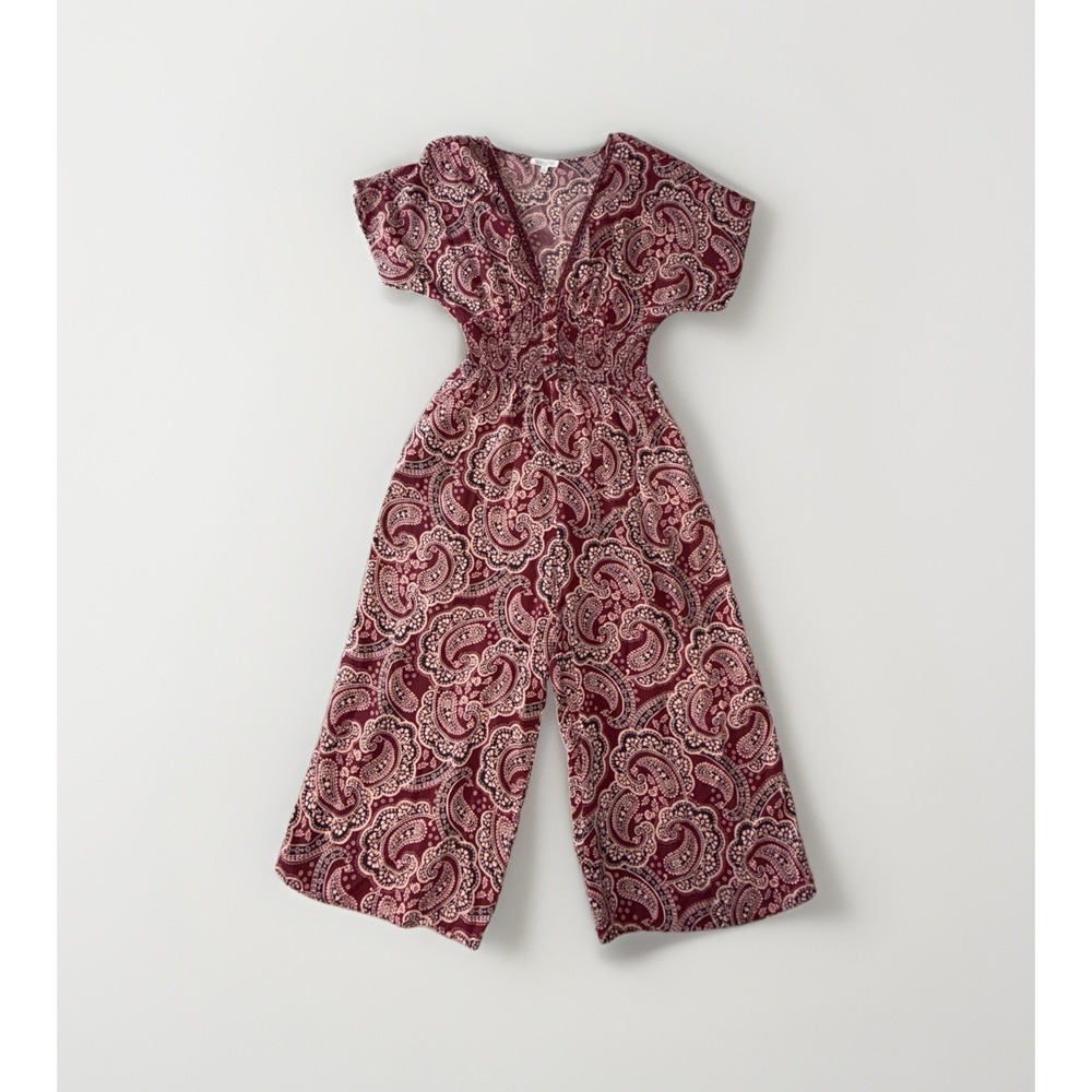 Patrons of Peace Burgundy Paisley V-Neck Wide Leg Jumpsuit Size M Smocked Waist